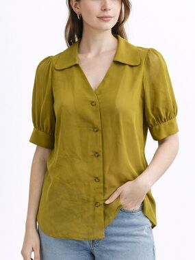 Vero Moda Olive Green Short Puff Sleeve Button-Down Blouse